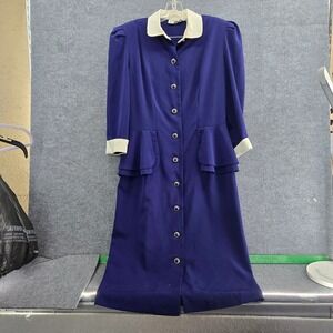 1980s Long Blue Dress Size Large Waist Ruffles Shoulder Pads Liz Roberts by Mary